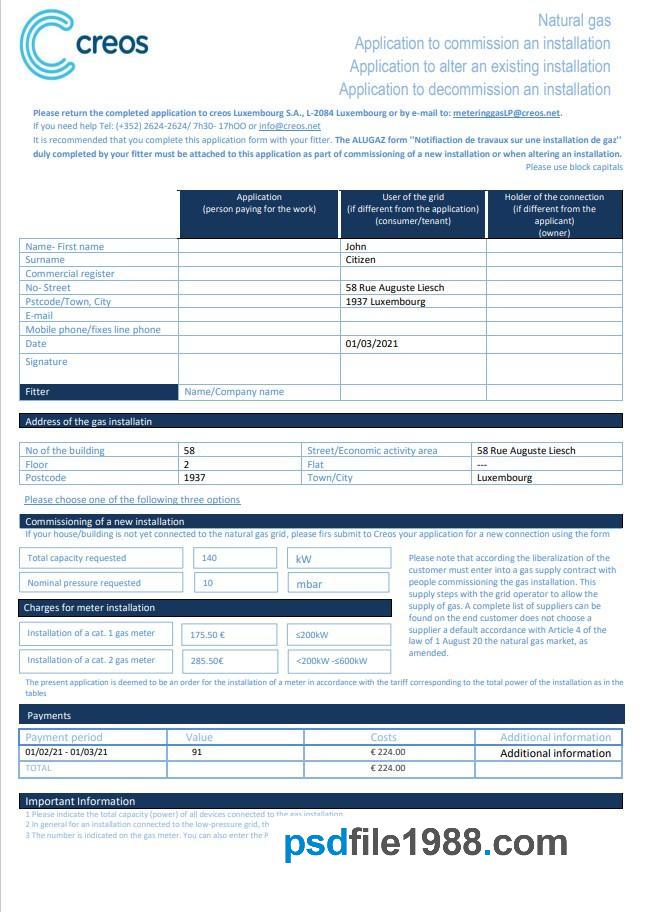 Luxembourg Creos Gas Utility Bill